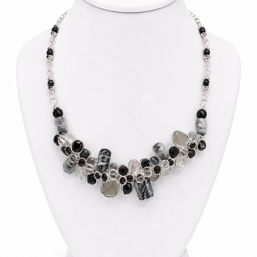 Black, Gray & Clear Beaded Silver-Tone Statement Bib Necklace